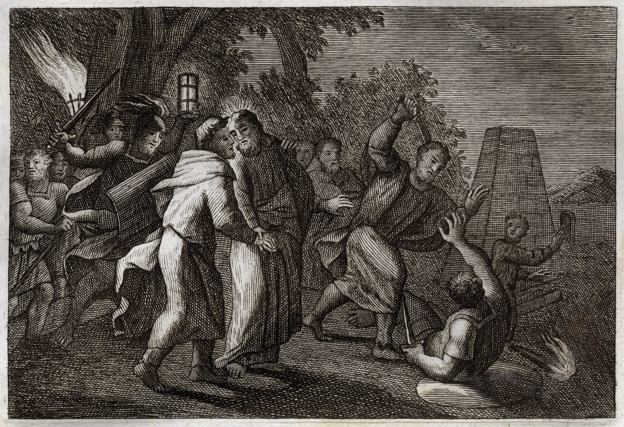 Bible de Royaumont, Nouveau Testament : Arrestation de Jésus-Christ ou le Baiser de Judas. Les soldats viennent arrêter le Christ au Jardin des Oliviers. Saint Pierre coupe l