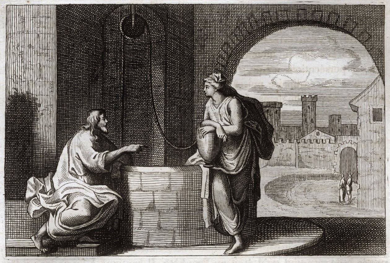 Bible de Royaumont, Nouveau Testament : Christ et la Samaritaine au puits. Jésus-Christ convertit une femme samaritaine. Illustration de 1811. - Unknown artist