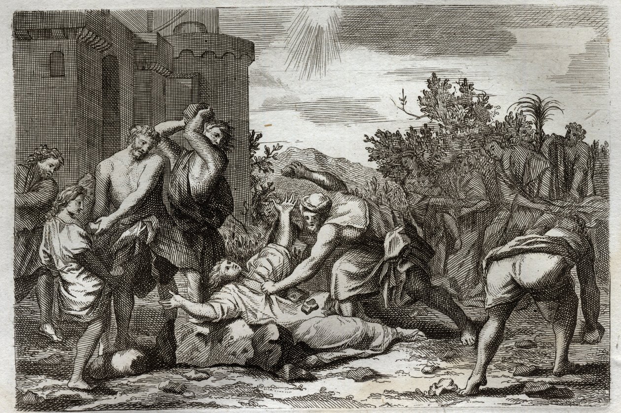 Bible de Royaumont, Nouveau Testament : Mort de Saint Étienne, premier martyr chrétien, par lapidation. Illustration de 1811. - Unknown artist