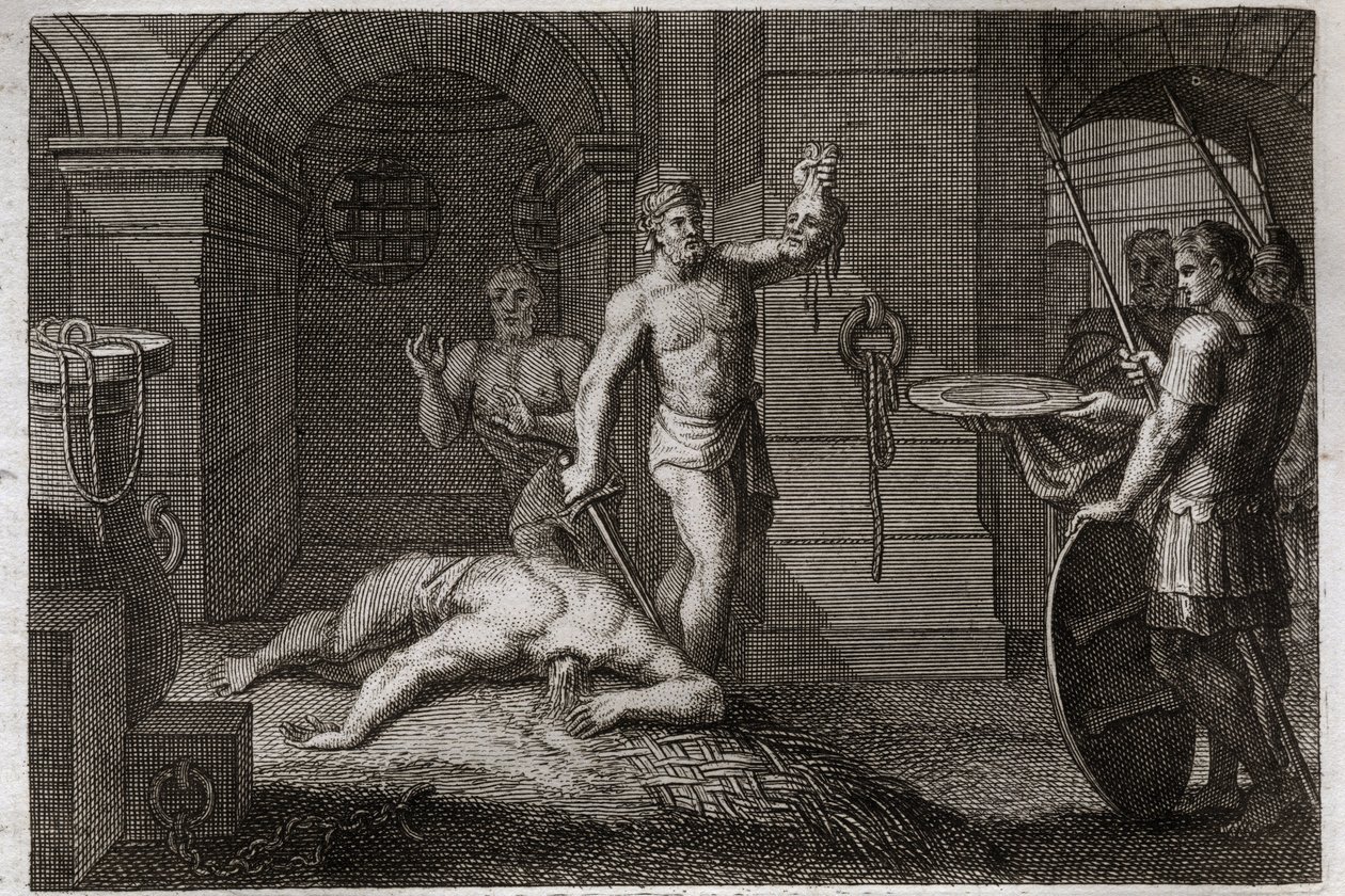 Bible de Royaumont, Nouveau Testament : Décollation de Saint Jean-Baptiste. On met sa tête sur un plateau. Illustration de 1811. - Unknown artist