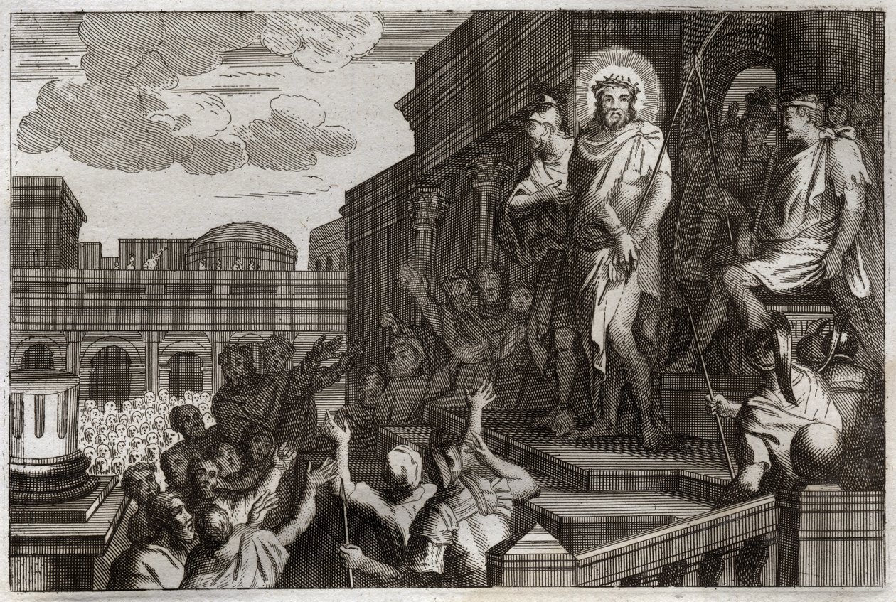 Bible de Royaumont, Nouveau Testament : Ecce homo. Ponce Pilate présente Jésus-Christ avec des épines à la foule en disant, « Voici l