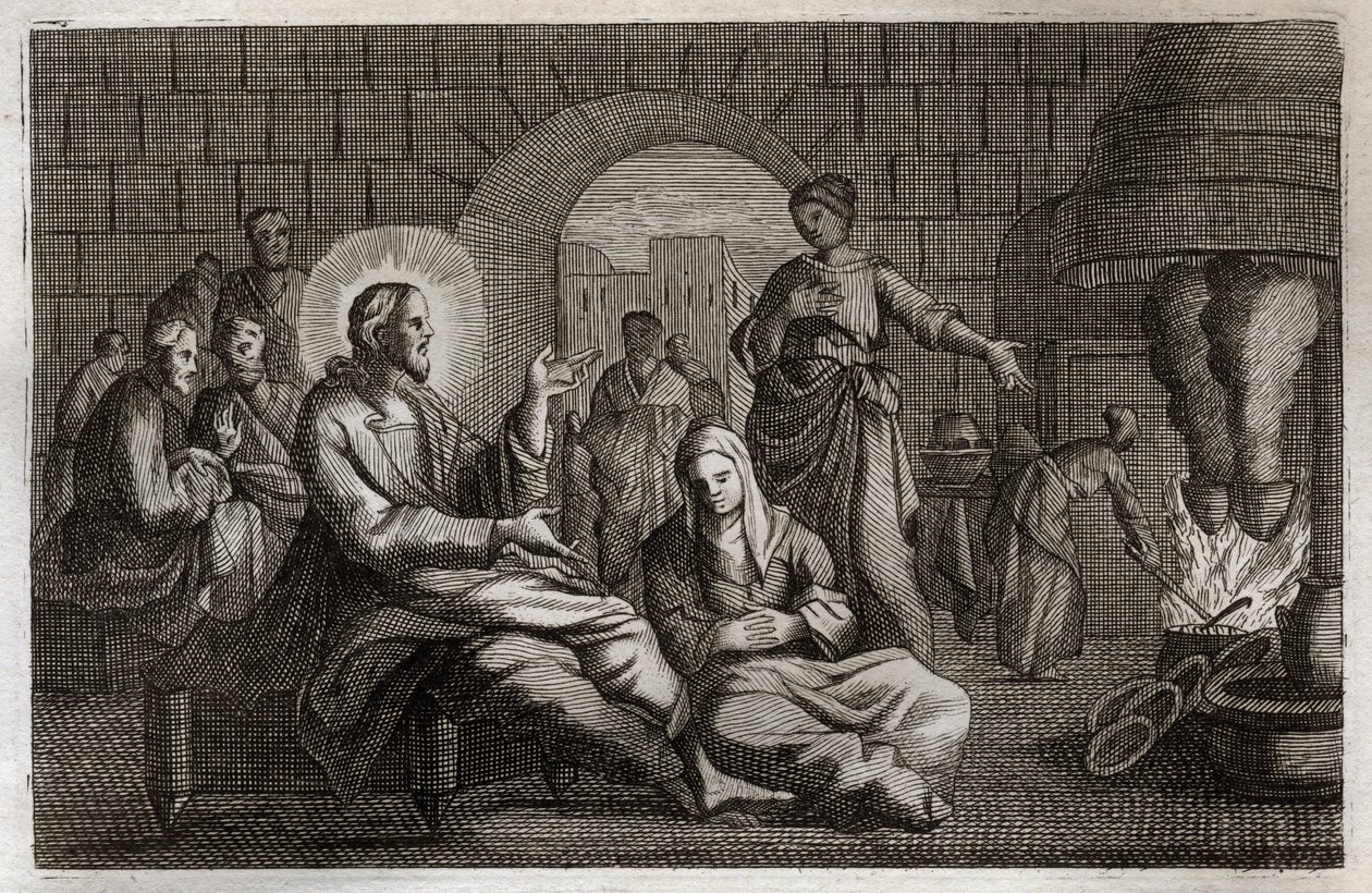 Bible de Royaumont, Nouveau Testament : Marthe et Marie. Jésus-Christ entre dans la maison de Marthe, qui se hâte de le recevoir tandis que sa sœur, Marie de Béthanie, écoute sa parole. Illustration de 1811. - Unknown artist