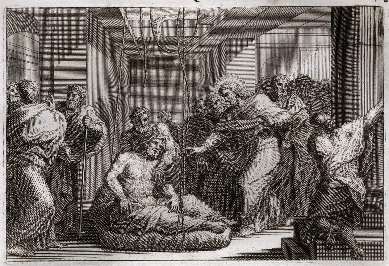 Bible de Royaumont, Nouveau Testament : Paralytique. Jésus-Christ appelle Saint Matthieu et guérit un paralytique à Capharnaüm. Illustration de 1811. - Unknown artist