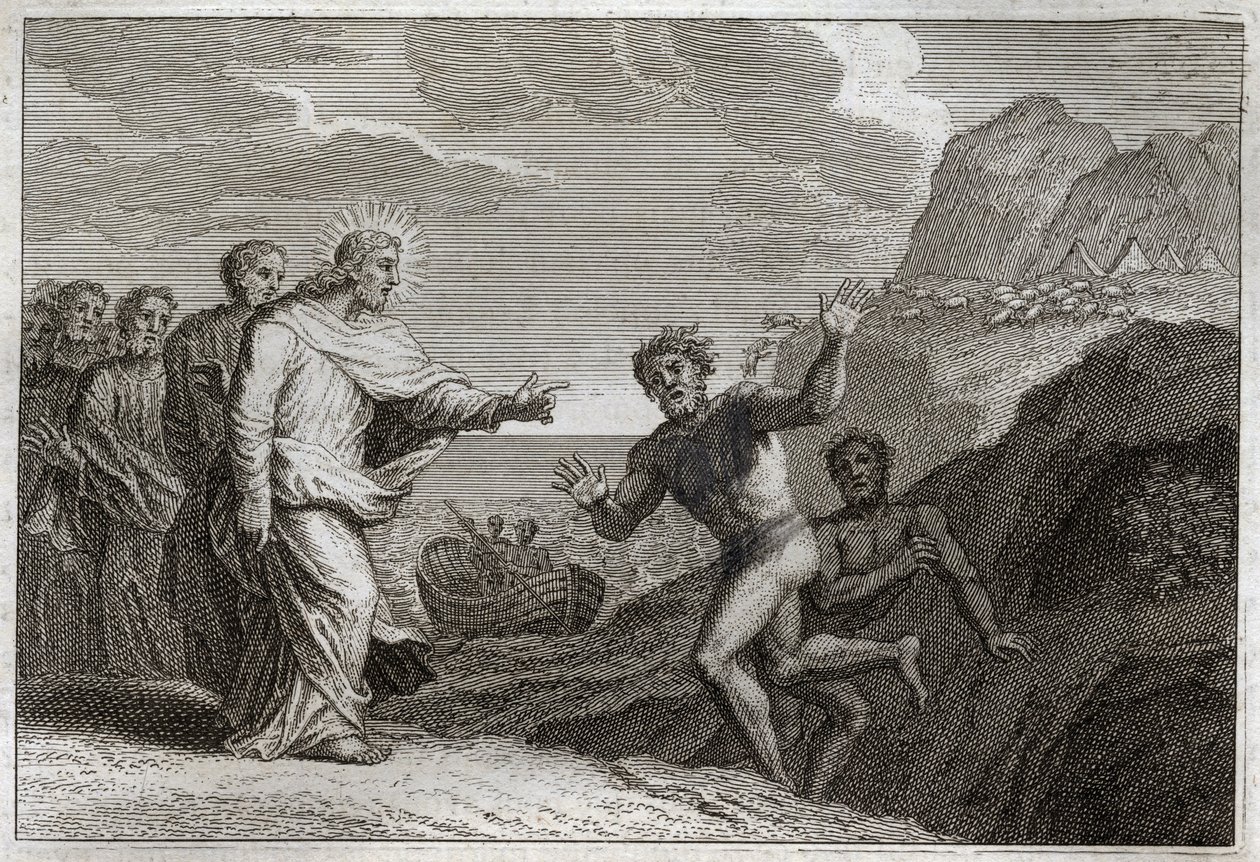 Bible de Royaumont, Nouveau Testament : Possédé guéri. Jésus-Christ guérit un possédé que le démon rendait furieux. Illustration de 1811. - Unknown artist