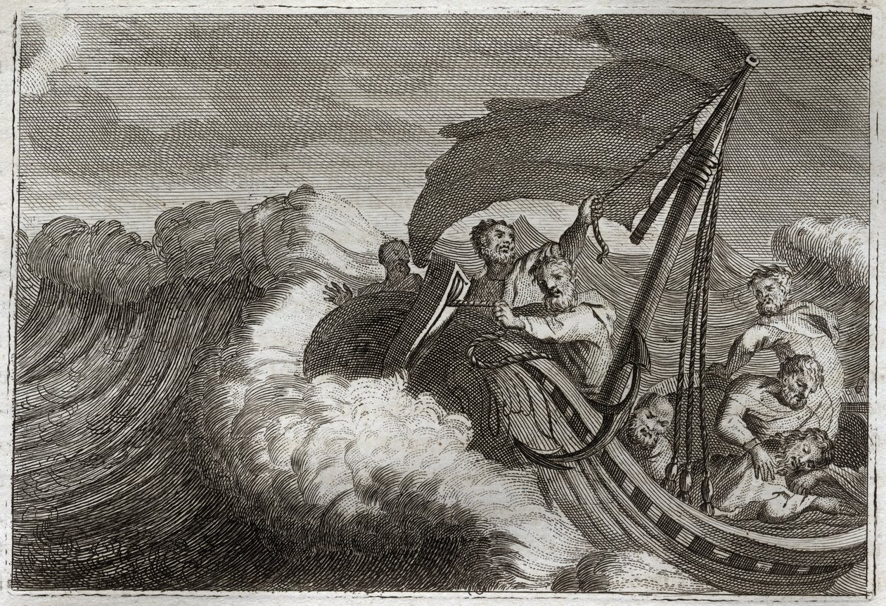 Bible de Royaumont, Nouveau Testament : Tempête apaisée. Les apôtres sont surpris par une tempête, Jésus-Christ qui dormait dans leur bateau se réveille et calme la mer de Galilée. Illustration de 1811. - Unknown artist