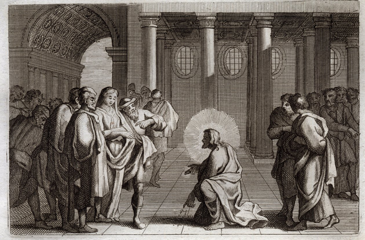 Bible de Royaumont, Nouveau Testament : La femme adultère. Jésus-Christ se dérobe divinement aux pièges que les Juifs lui tendent, lui demandant ce qu
