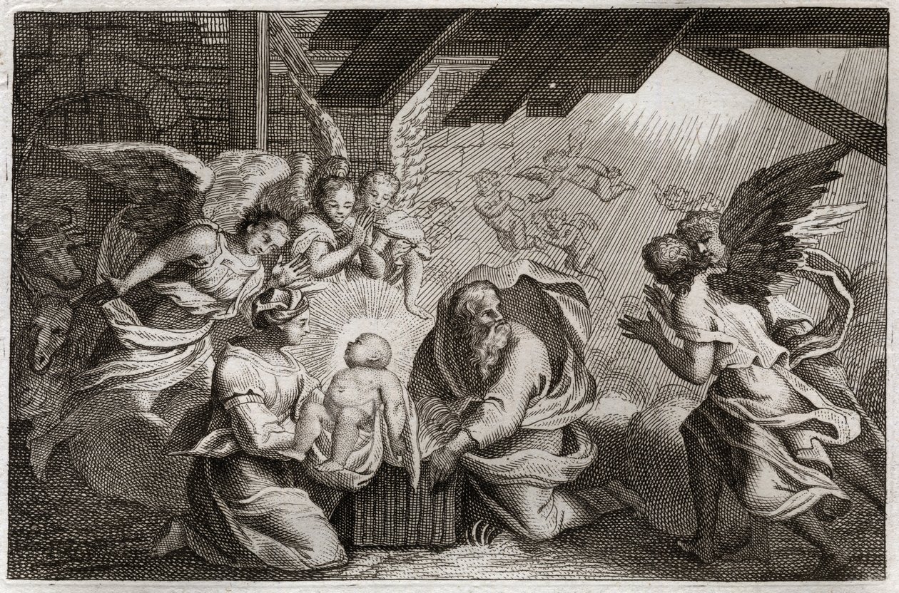 Bible de Royaumont, Nouveau Testament : La Nativité. Jésus-Christ est né de la Sainte Vierge Marie dans une étable à Bethléem. Illustration de 1811. - Unknown artist