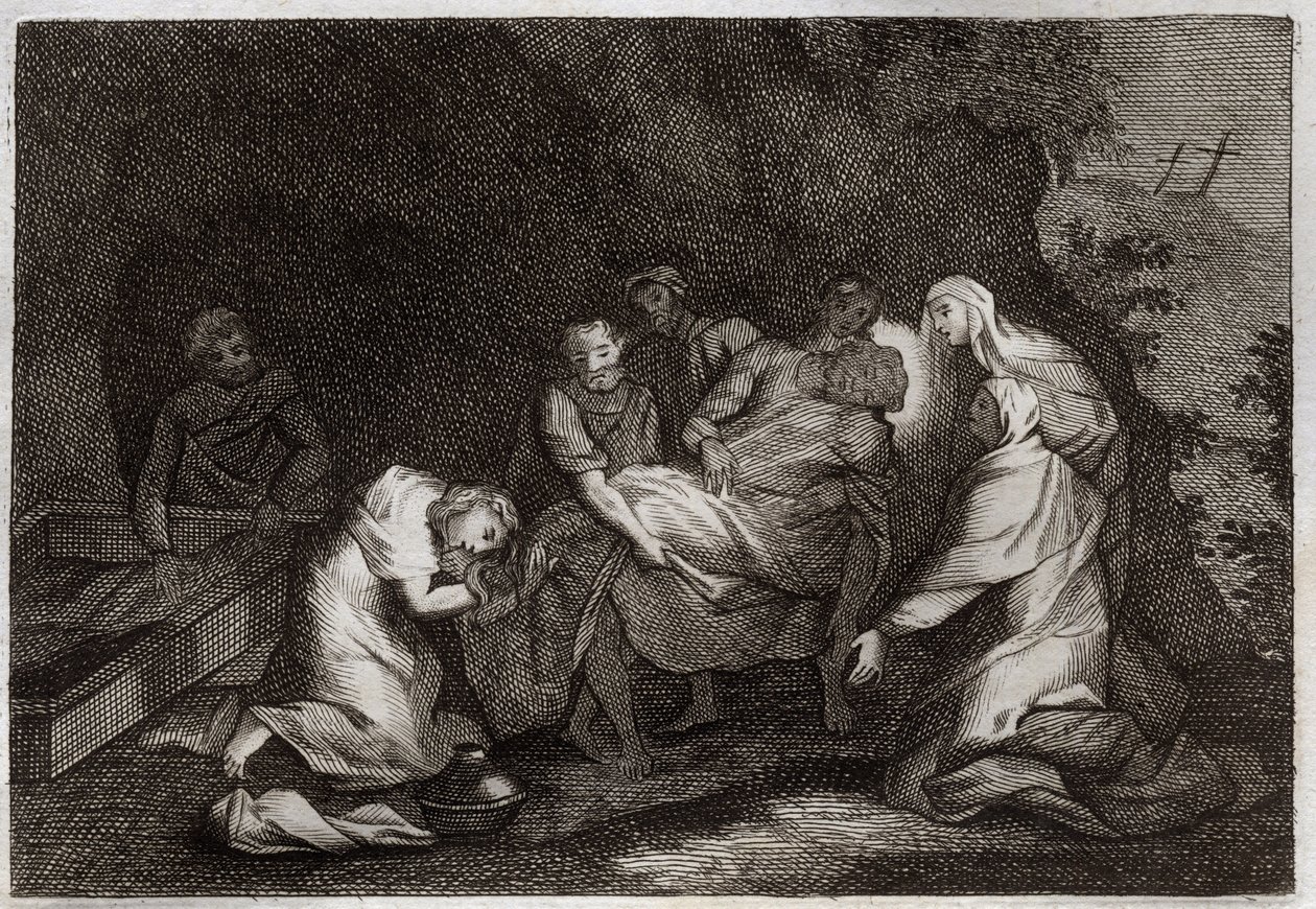 Bible de Royaumont, Nouveau Testament : Tombeau. Sépulcre de Jésus-Christ. Parmi les personnages entourant le corps de Jésus-Christ : la Vierge Marie, Saint Nicodème, Saint Joseph d