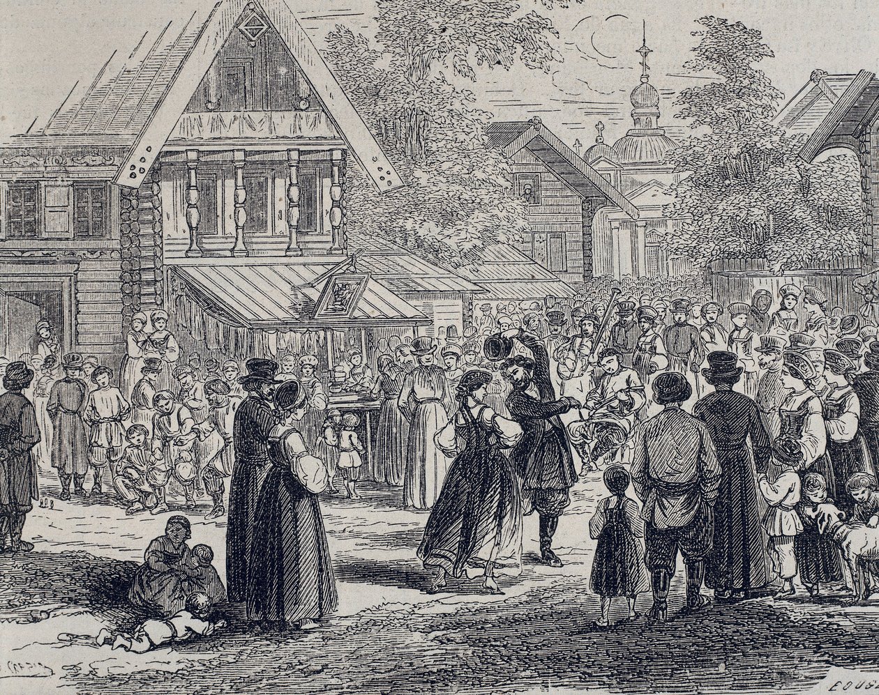 Russie (XIXe siècle). Fête dans un village. 1879 (gravure) - Unknown artist