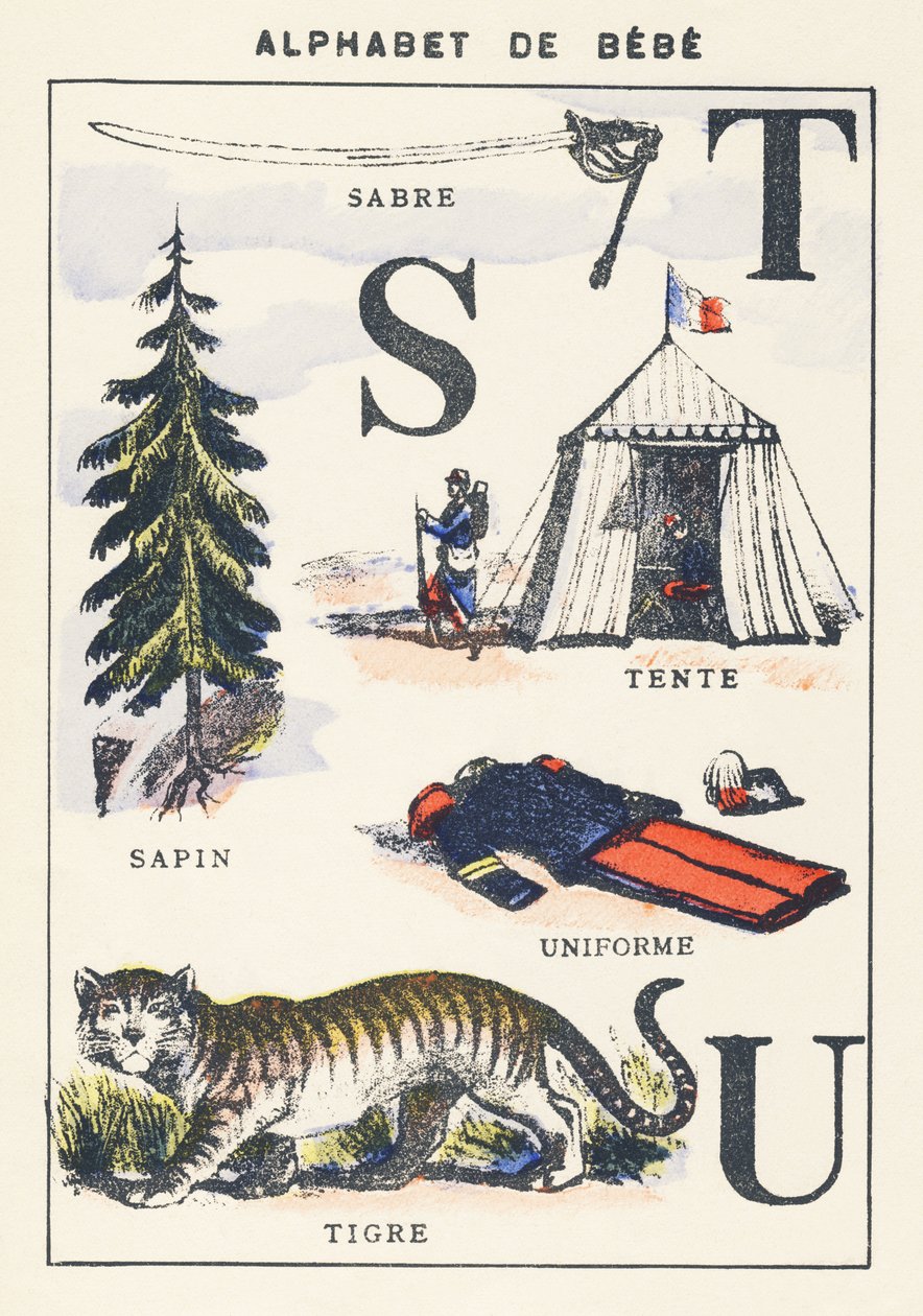 S T U : sabre, sapin, tente, tigre, uniforme - Unknown artist