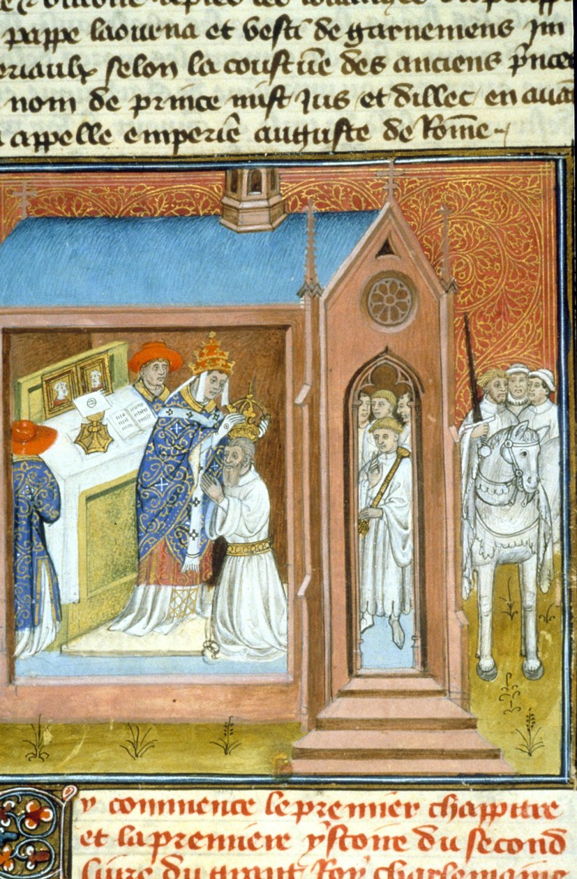 Couronnement de Charlemagne (742 - 814) en 800 par le pape Léon III - Enluminure de manuscrit du Moyen Âge - Unknown artist