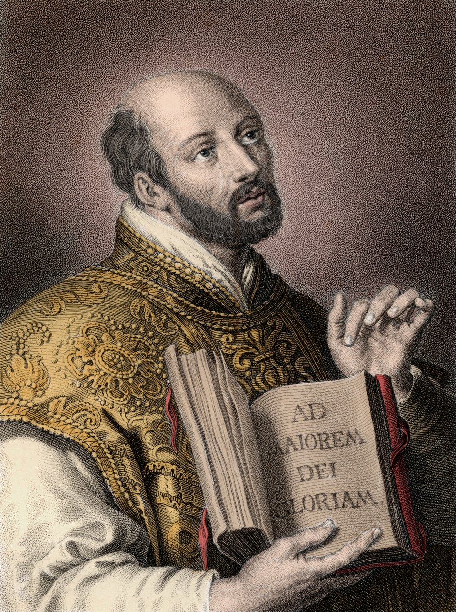 Saint Ignace de Loyola (1491-1556), théologien espagnol, tenant un livre avec la devise latine de la Compagnie de Jésus « Ad maiorem Dei gloriam » - Portrait d
