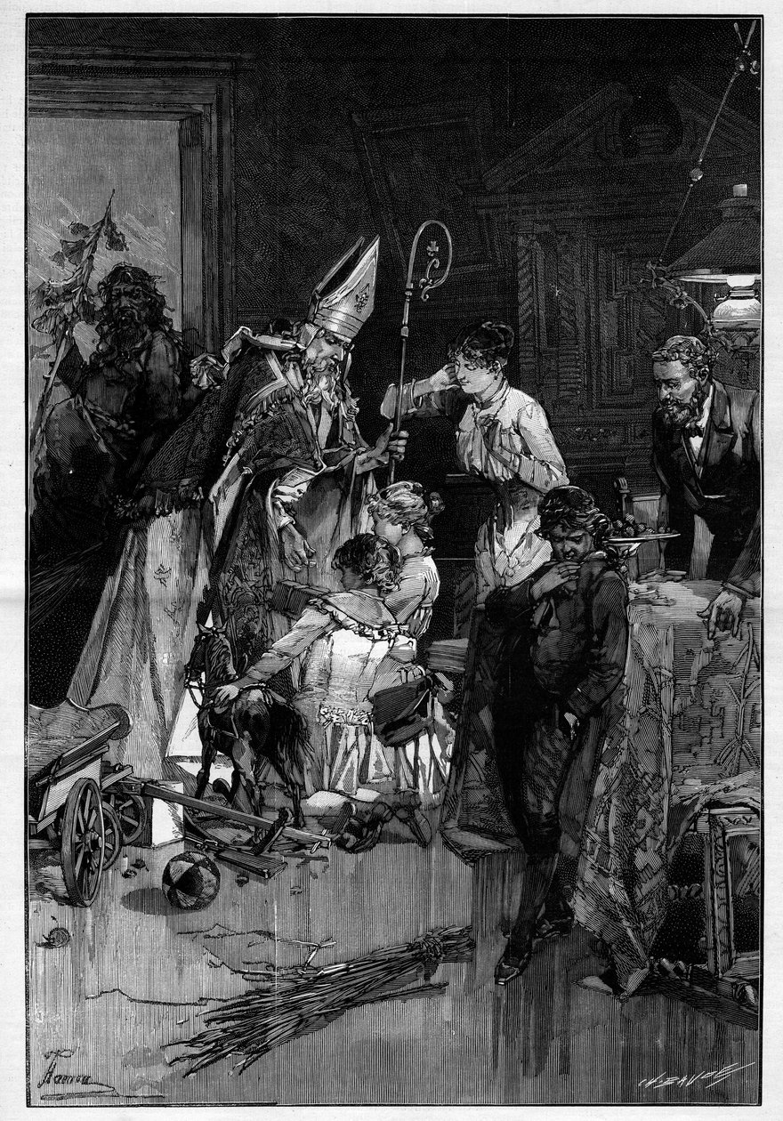 Fête de Saint Nicolas en Lorraine qui apporte des jouets aux enfants. Il est accompagné du compère le Diable qui lui apporte des verges. Gravure dans "Le Monde Illustré" - Unknown artist