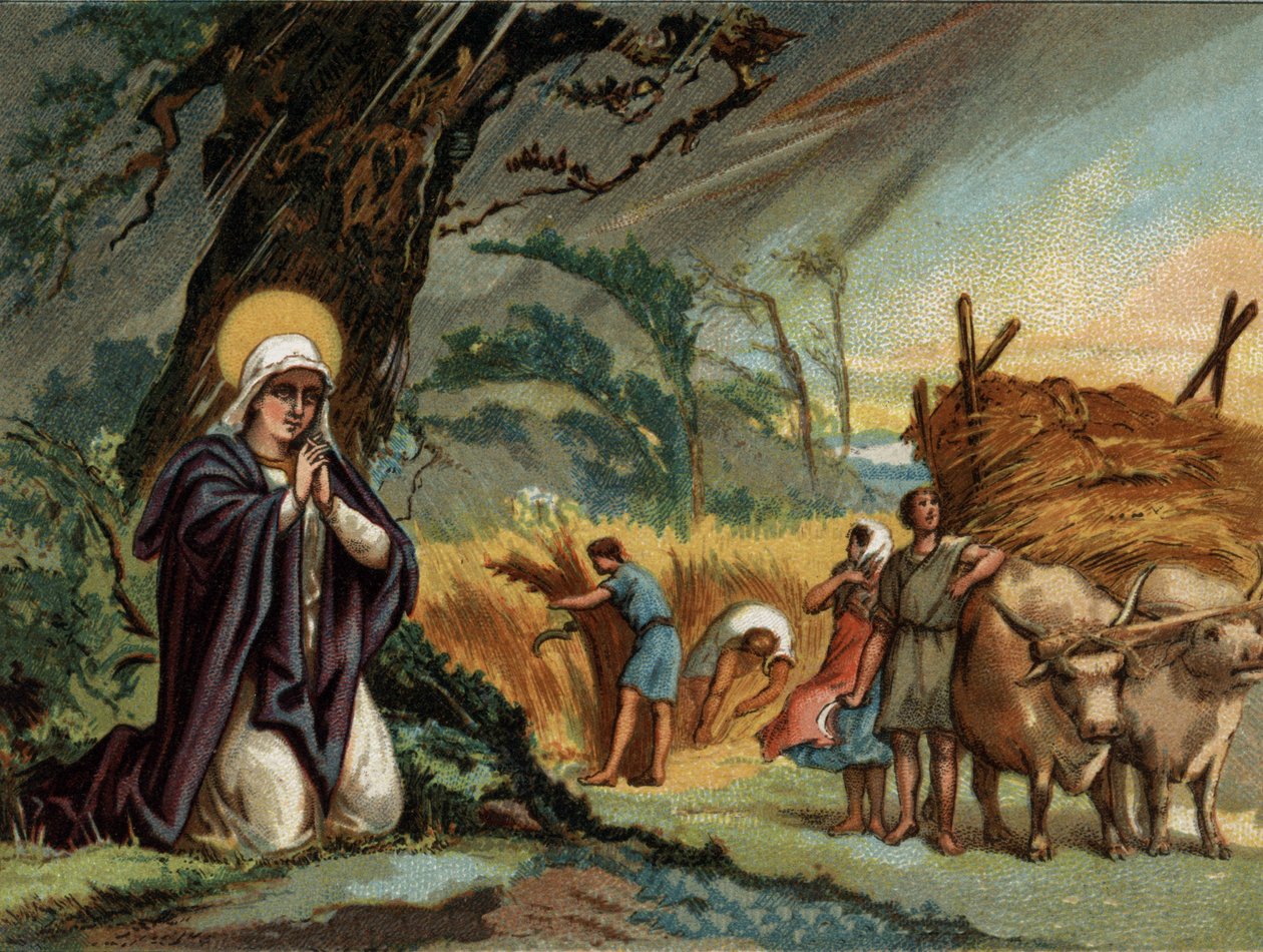 Sainte Geneviève (422-502), patronne de Paris préserve les récoltes de la tempête à Meaux. Chromolithographie vers 1890. - Unknown artist