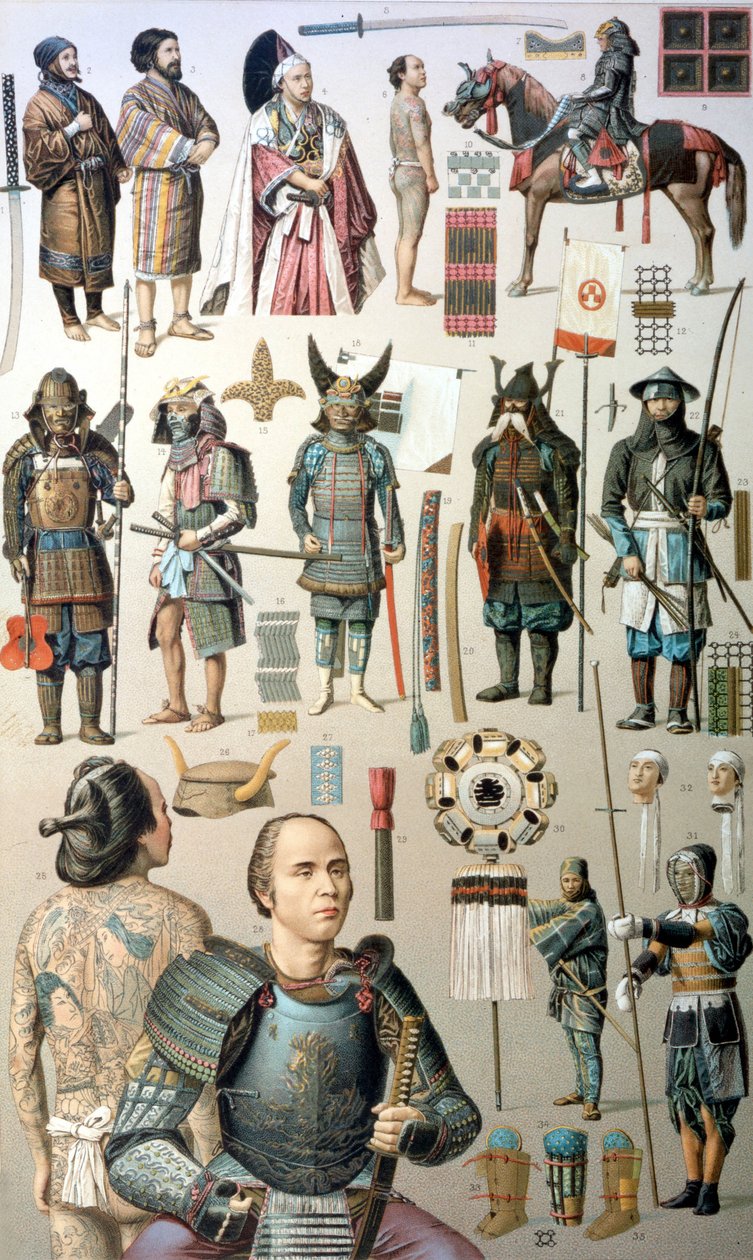Costumes, armes et armures de samouraïs. 19e siècle. - Unknown artist