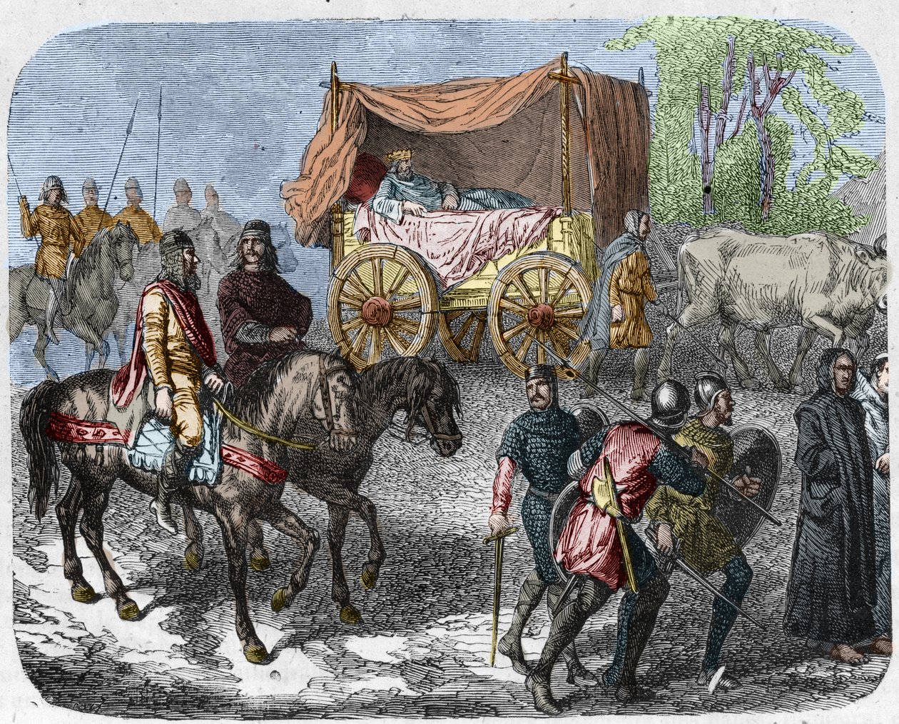 Scène représentant les rois fainéants : le roi de France Thierry III (673-691) transporté dans un char avec un lit tiré par des bœufs. - Unknown artist