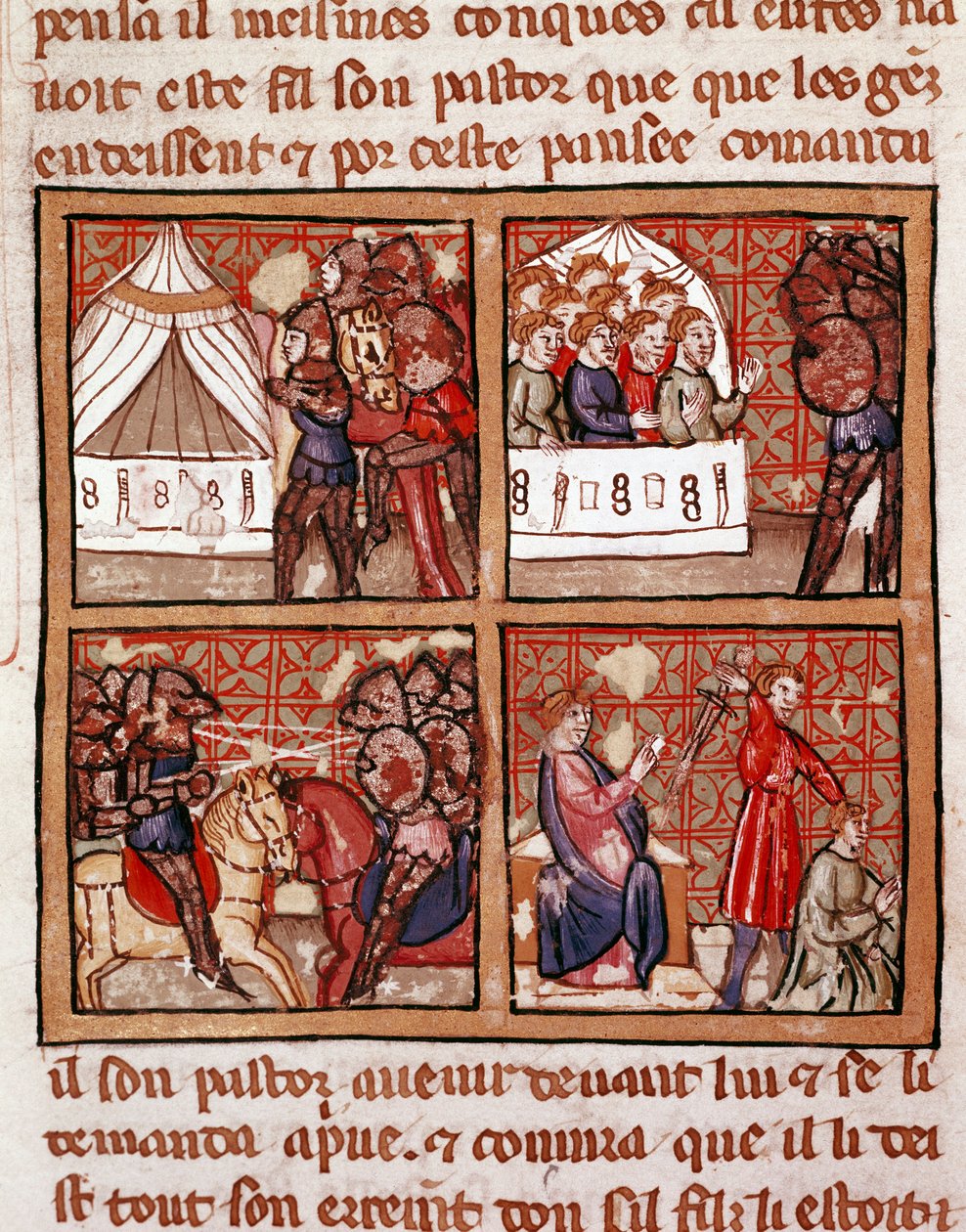 Scène de confrontation entre deux camps ennemis, une exécution en bas à droite. Page d