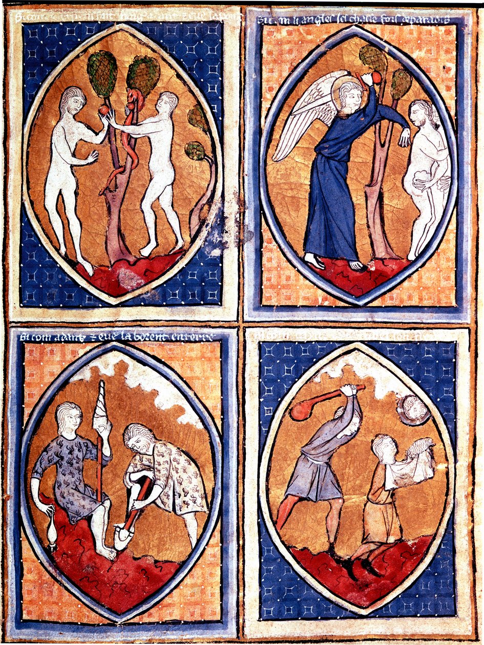 Scènes de la Bible représentées en mandorles. En haut, Adam et Ève cueillant le fruit défendu, puis chassés du paradis. En bas, Adam travaille la terre et Ève file la laine, Caïn et Abel. Miniature d