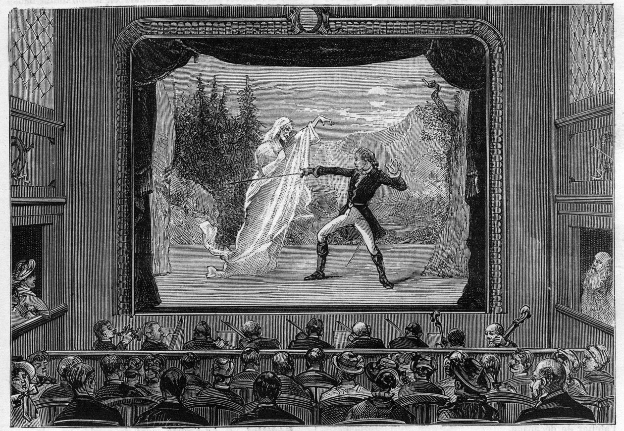 Spectacles scientifiques : spectres vivants. Expérience des spectres sur la scène du théâtre. Un comédien combat un fantôme. Gravure dans « La Nature » - Unknown artist