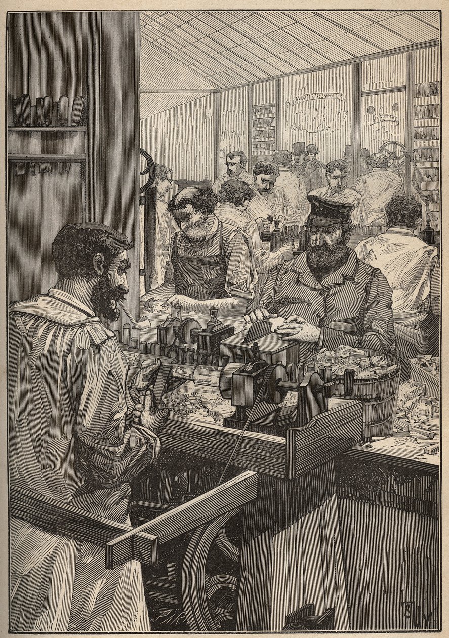 Écume de mer : fabrication de pipes en écume de mer. Gravure de 1885 dans "Les arts et métiers illustrés" par Adolphe Bitard. - Unknown artist