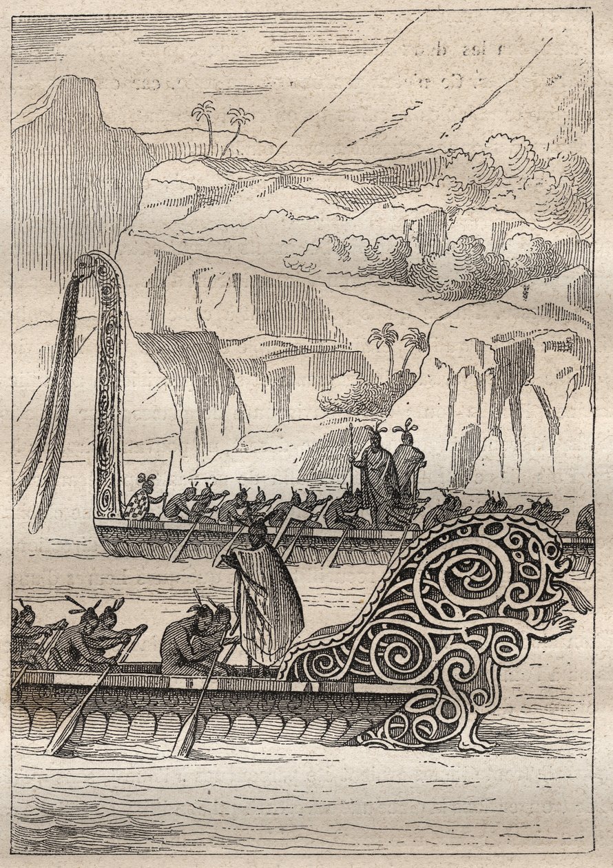 Deuxième voyage (1772-1775) du capitaine James Cook (1728-1779) : pirogues de guerre néo-zélandaises - illustration tirée de 