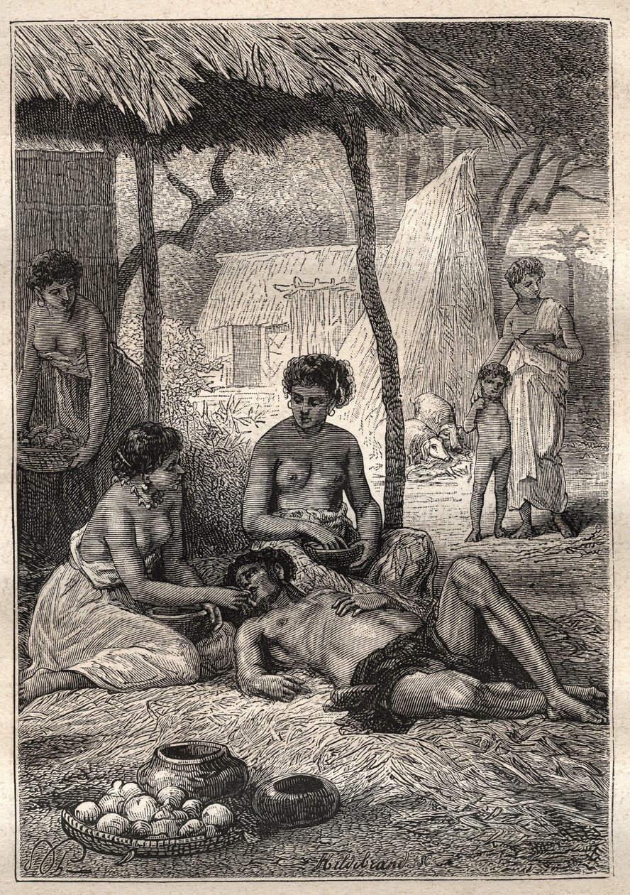 Deuxième voyage (1772-1775) du capitaine James Cook (1728-1779) : une île où il passait sa journée à être avalé par ses femmes (Tahiti) - illustration tirée de « Les Grands Marins du XVIIIe siècle » - Unknown artist