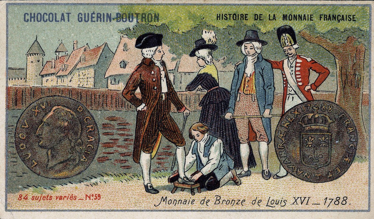 Série Histoire de la Monnaie Française publiée par Chocolat Guérin Boutron. Chromolithographie du 19e siècle. Pièce de bronze de Louis XVI en 1788 - Unknown artist