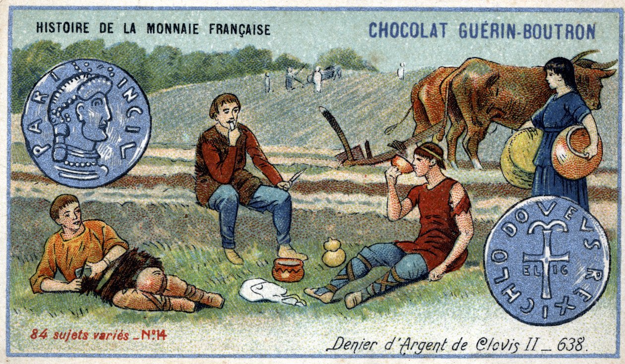 Série Histoire de la Monnaie Française publiée par Chocolat Guérin Boutron. Chromolithographie du XIXe siècle. Denier d