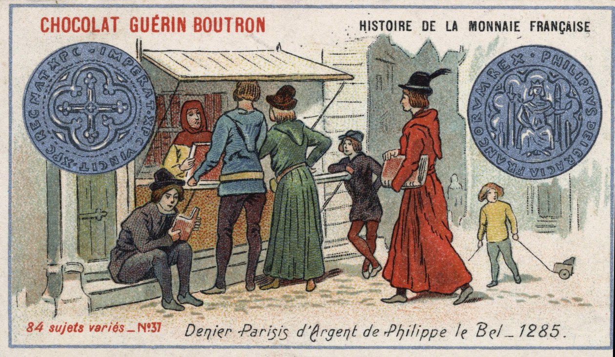 Série Histoire de la Monnaie Française publiée par Chocolat Guérin Boutron. Chromolithographie du 19ème siècle. Denier d