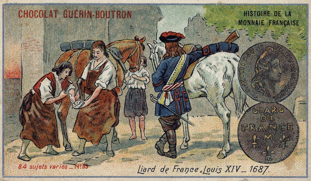 Série Histoire de la Monnaie Française publiée par Chocolat Guérin Boutron. Chromolithographie du 19ème siècle. Liard de France. Louis XIV en 1687 - Unknown artist