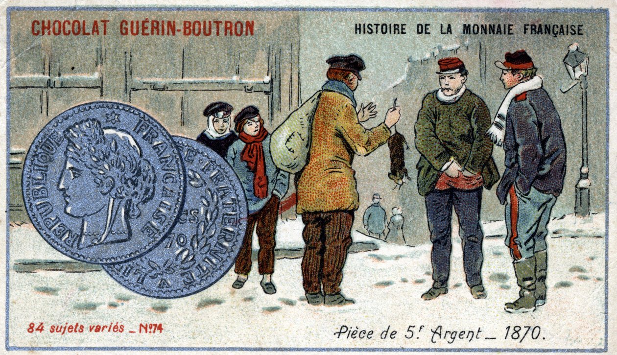 Série Histoire de la Monnaie Française publiée par Chocolat Guérin Boutron. Chromolithographie du 19ème siècle. Pièce de 5 francs en argent en 1870 - Unknown artist