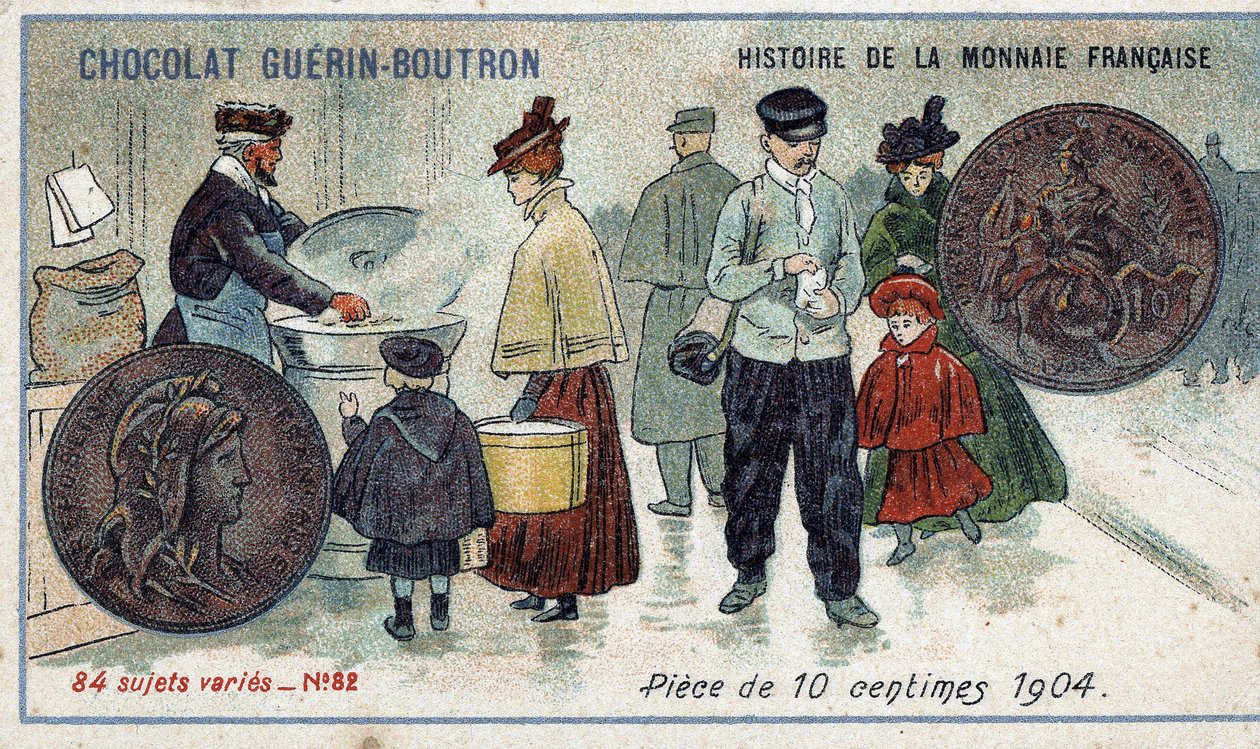 Série Histoire de la Monnaie Française publiée par Chocolat Guérin Boutron. Chromolithographie du 19ème siècle. Pièce de 10 centimes en 1904 - Unknown artist