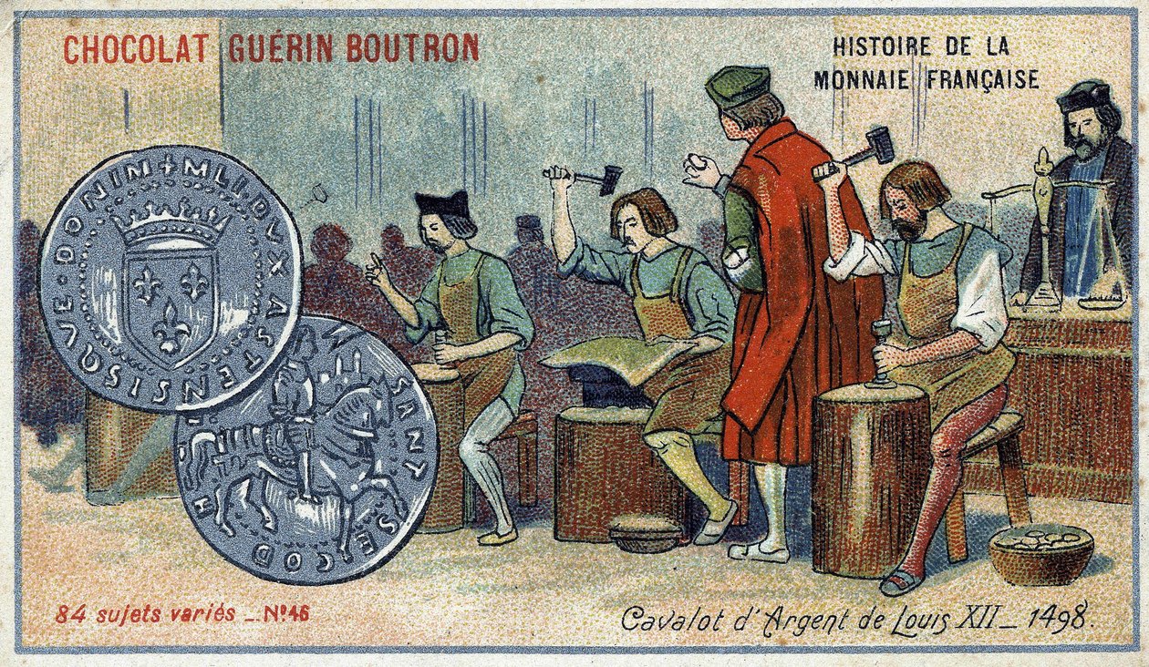 Série Histoire de la Monnaie Française publiée par Chocolat Guérin Boutron. Chromolithographie du 19ème siècle. Le Cavalot d