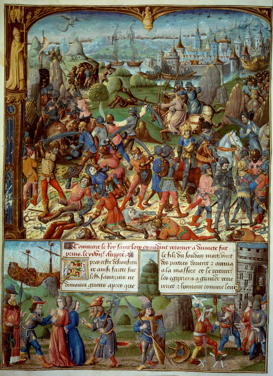 Septième Croisade (1248-1254). En haut, Louis IX (Saint Louis) (1215-1270), roi de France, avec les croisés après avoir été vaincus par les Sarrasins à Mansourah en 1250 - Unknown artist