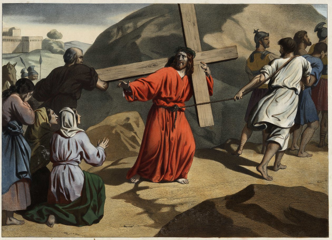 Elle monta au Calvaire : Jésus portant sa croix console les filles de Jérusalem. Gravure anonyme du milieu du 19ème siècle - Unknown artist