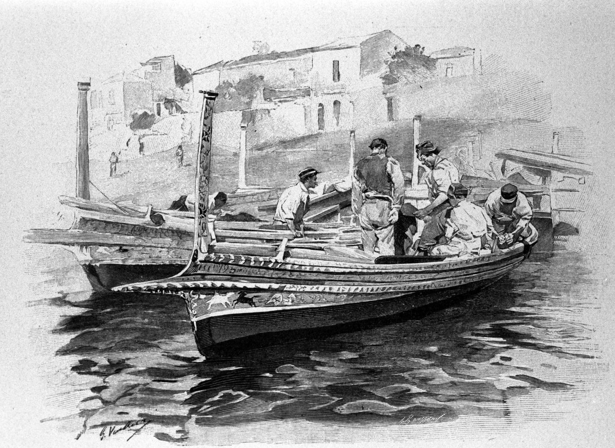 Pêcheurs siciliens de la région de Lipari. Gravure du 19ème siècle - Unknown artist