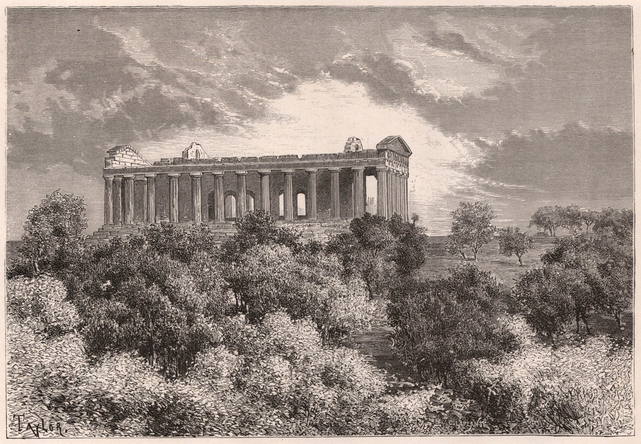Vue latérale du temple hellénique antique de la Concorde à Agrigente en Sicile, Italie - Unknown