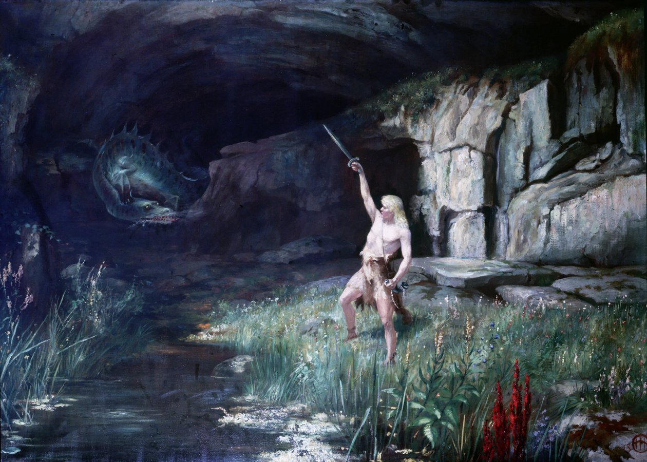 Siegfried, face au dragon Fafner, brandit son épée. Scène de l