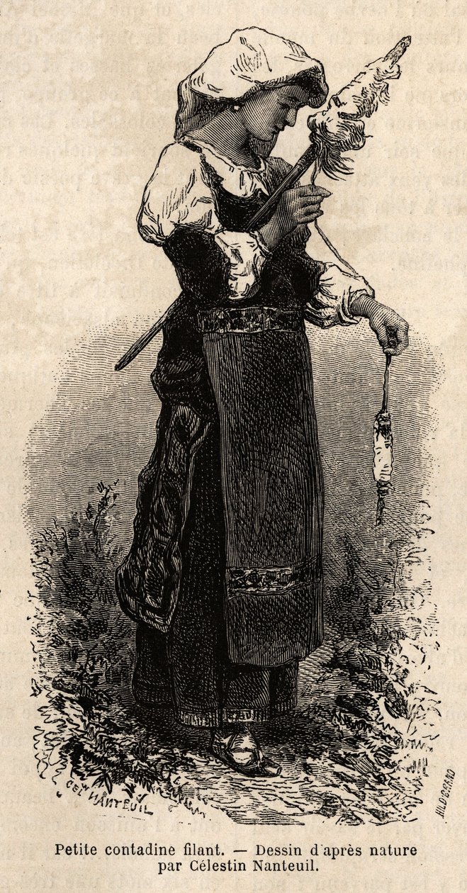 Petite contadine des environs de Rome, filant la laine avec son fuseau. Gravure pour illustrer le voyage à Rome, par Francis Wey, publié dans Le tour du monde 1870-1871, édité par Edouard Charton, édition Hachette, Paris - Unknown artist