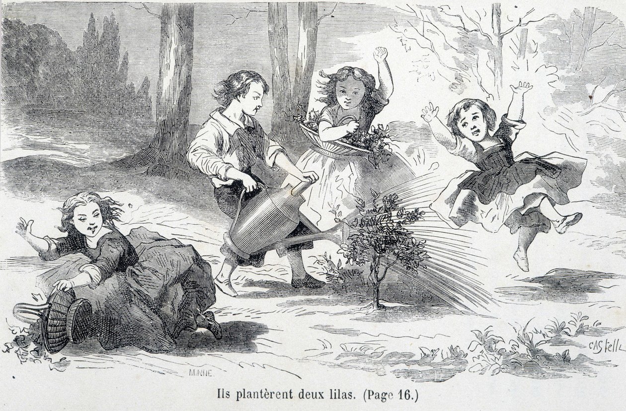 Sophie et ses amis plantent du lilas - dans «Les malheurs de Sophie» par la Comtesse de Ségur, Hachette - Unknown artist