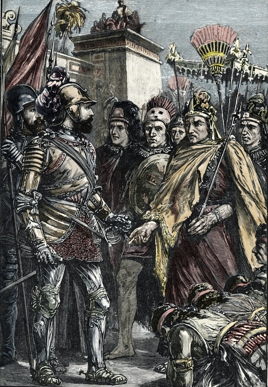 Conquête espagnole du Mexique : rencontre entre Hernan Cortes et Montezuma II en 1519 - Unknown artist
