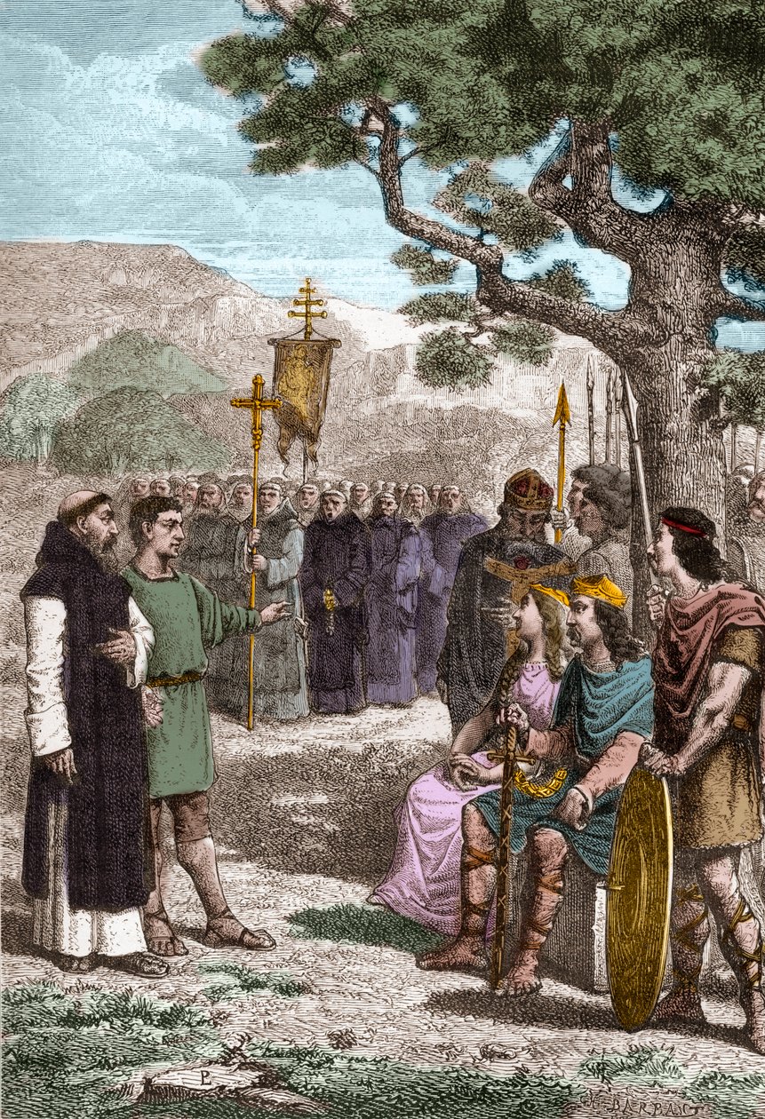 Saint Augustin de Cantorbéry (d 604) prêchant devant Ethelbert (552? -616) roi anglo-saxon du Kent qu