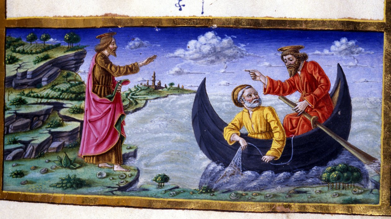 Saint Pierre : Pêche sur le lac de Tibériade. Miniature du 15ème siècle. Milan, Biblioteca Trivulziana. - Unknown artist