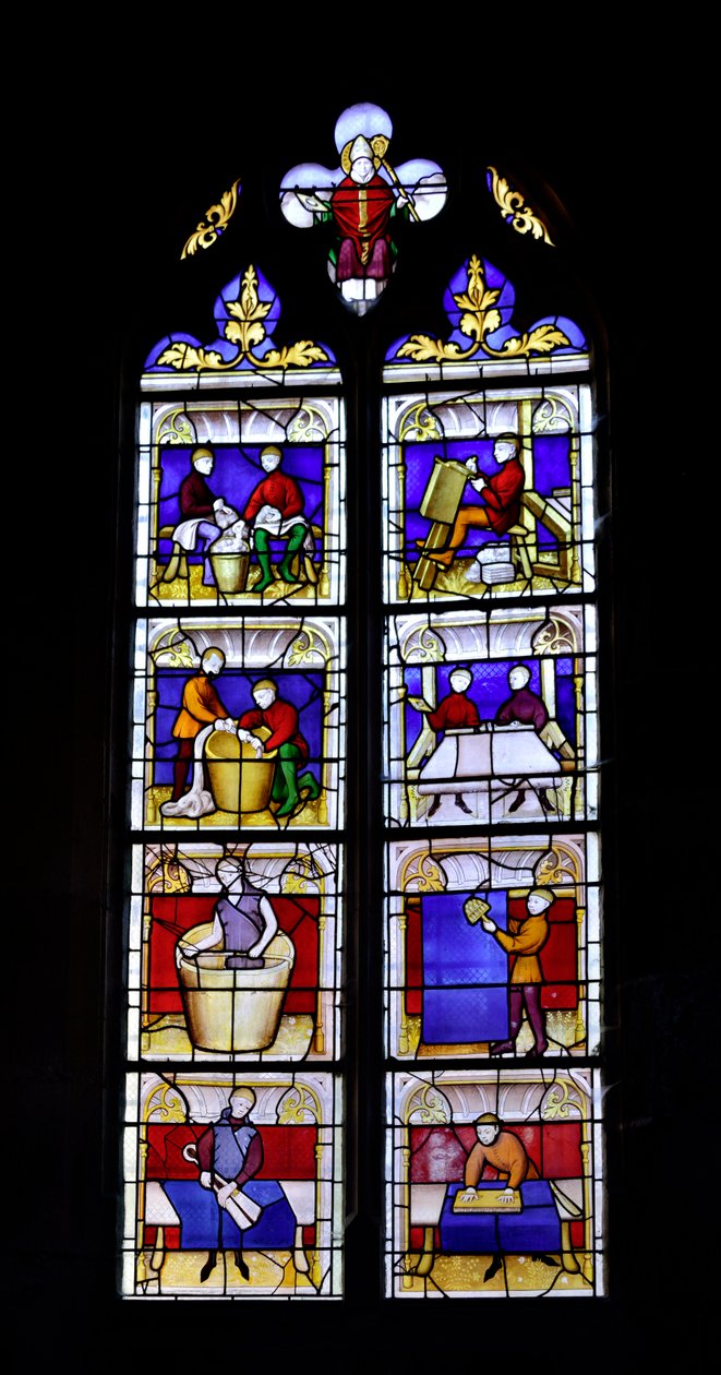 Vitrail montrant la fabrication de tissus, milieu du 15ème siècle - Chapelle Saint Blaise de l