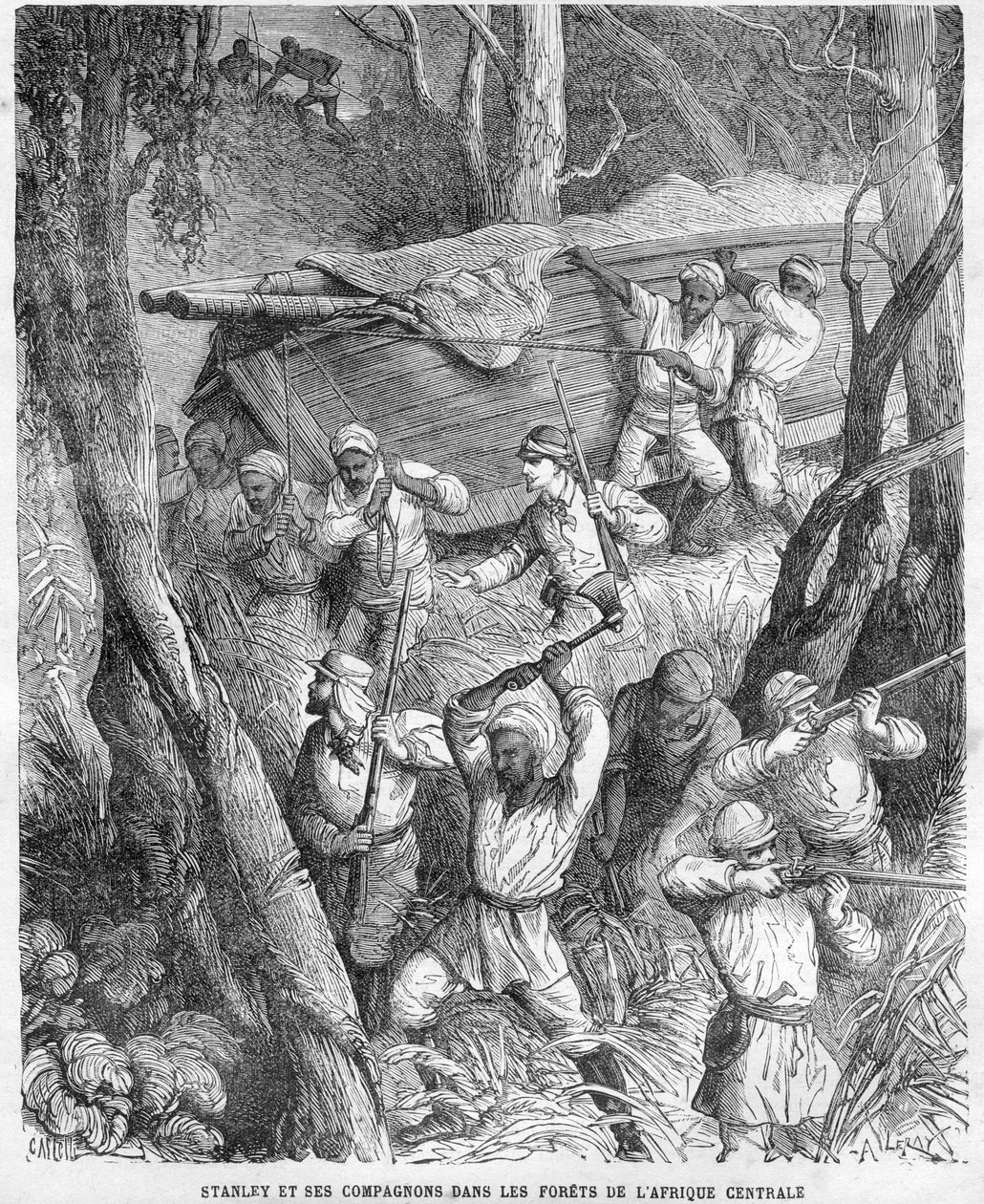 Stanley en Afrique - Expédition de Stanley en Afrique centrale 1874-1877 : Marche à travers la jungle - Gravure sur bois d