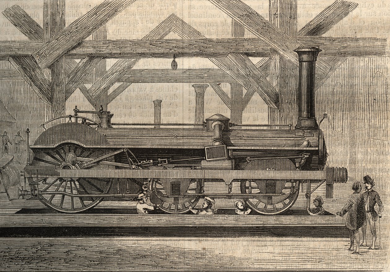 Modèle de locomotive à vapeur, système Crampton nommé Thomas Russell Crampton (1816-1888). Gravure de 1856 - Unknown artist