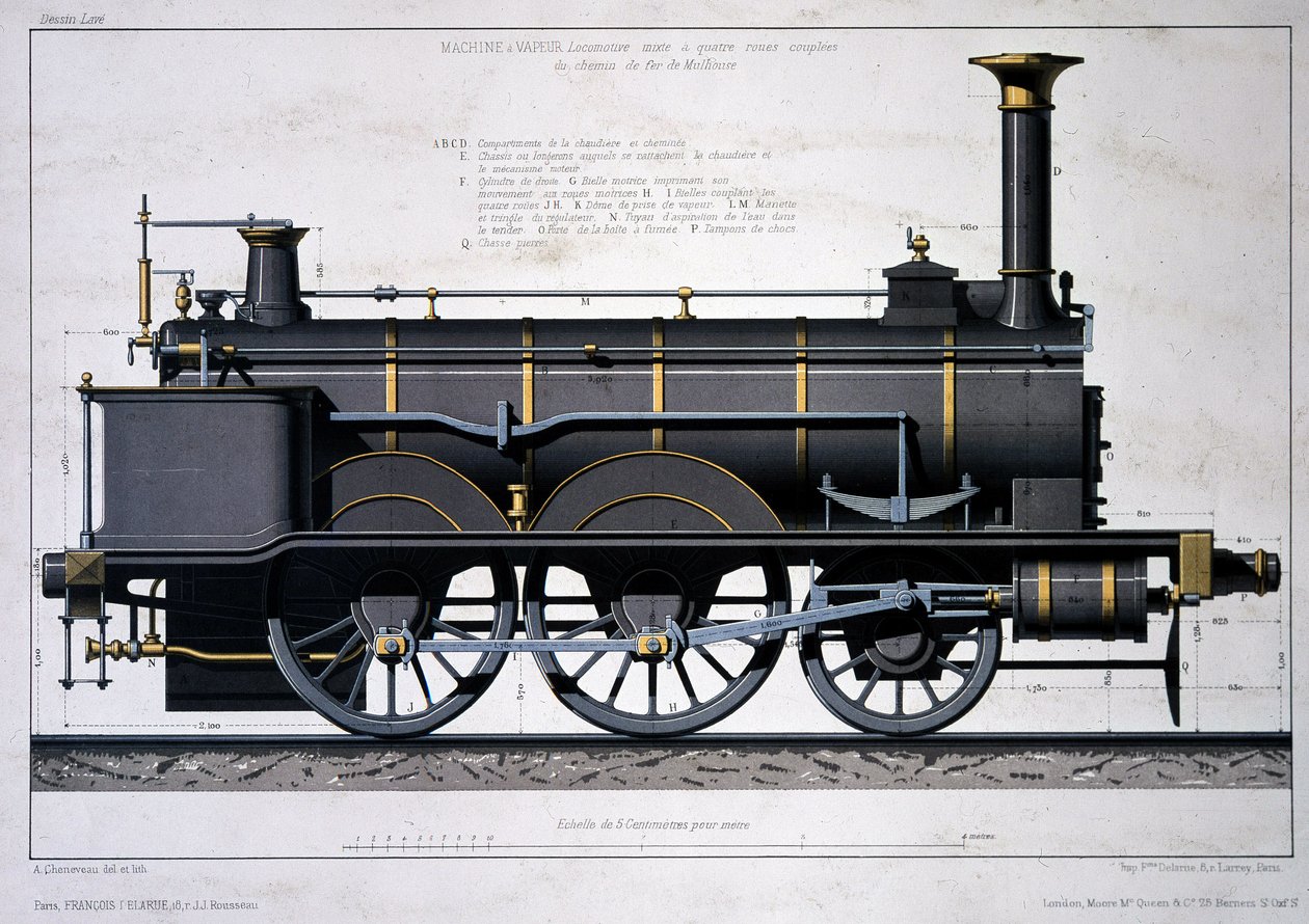 Locomotive à vapeur du chemin de fer de Mulhouse - dessin au lavis - Unknown artist