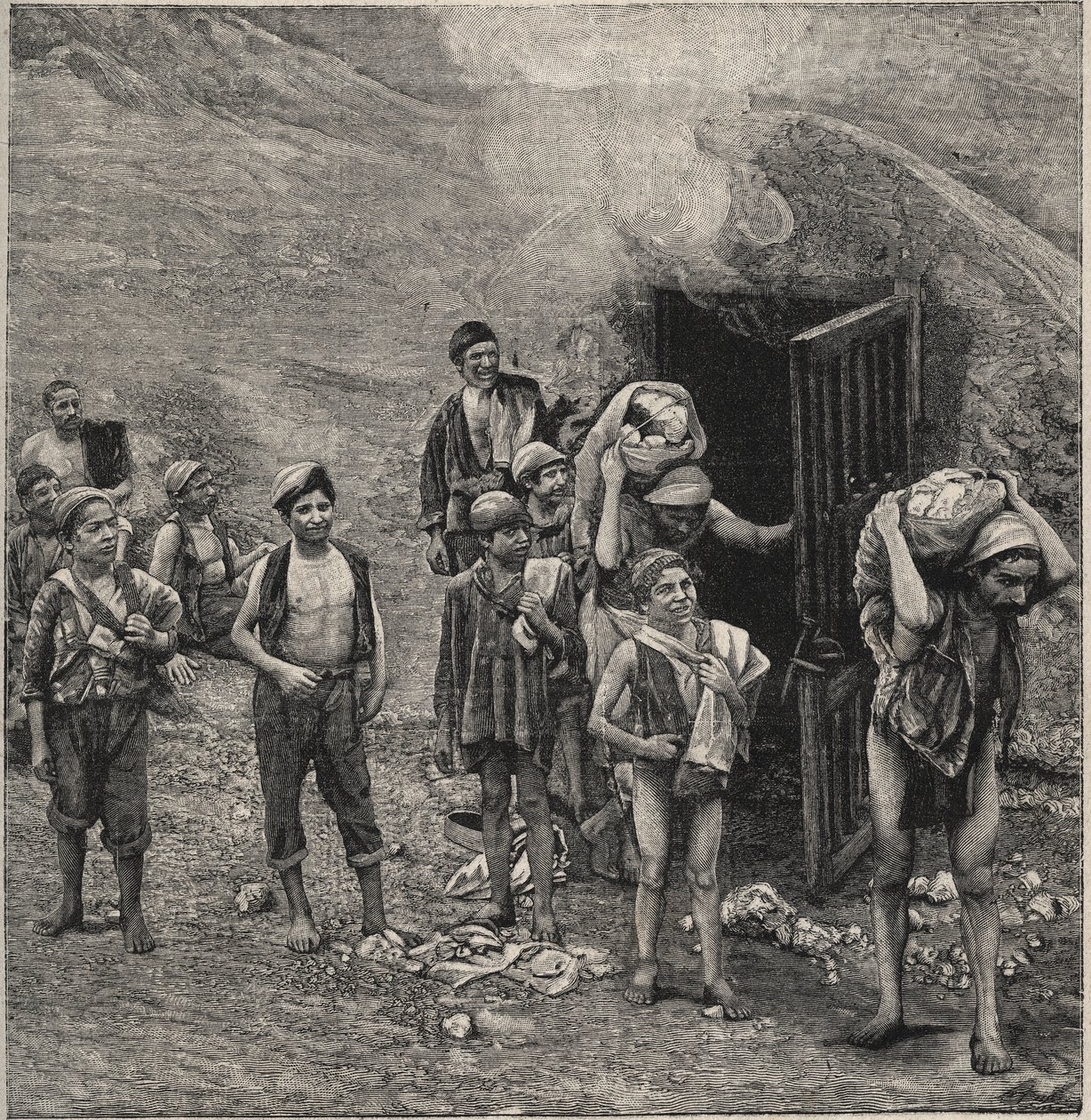 Exploitation du soufre (Zolfara) en Sicile, dessin - Unknown artist