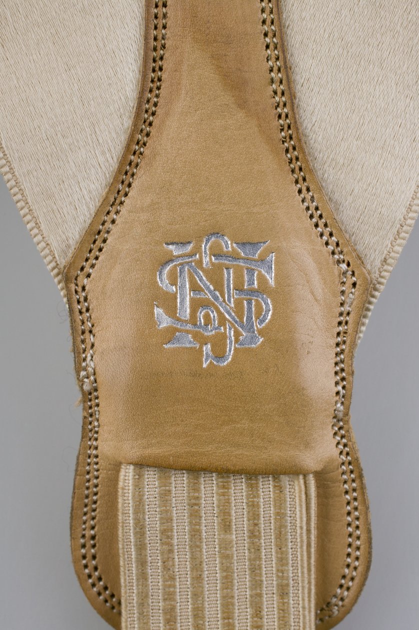Bretelles, vers 1880 (vue détaillée), satin blanc brodé, cuir, argent, fabricant inconnu - Unknown artist