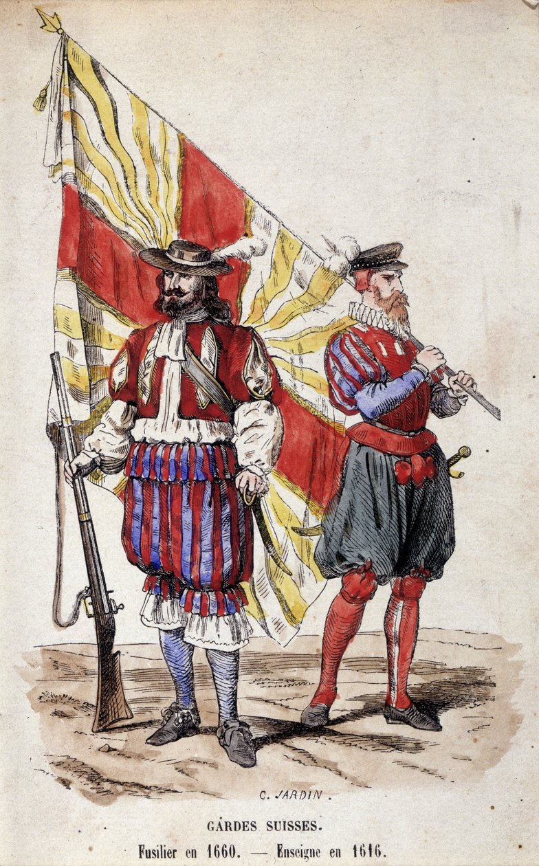 Gardes suisses: Fusilier en 1660 et Enseigne en 1616. - Unknown artist